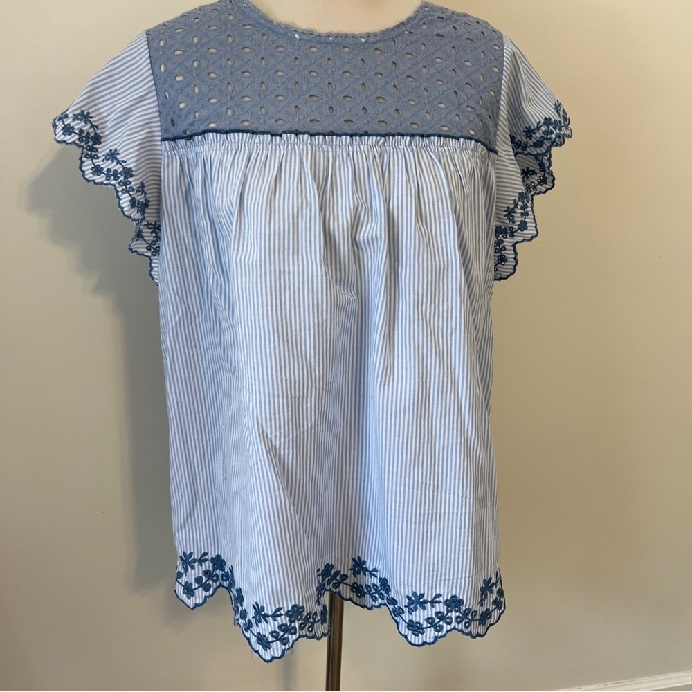 Oddi Blue Stripe Eyelet Embroidered Blouse 2XL xxl top boho peasant hippie